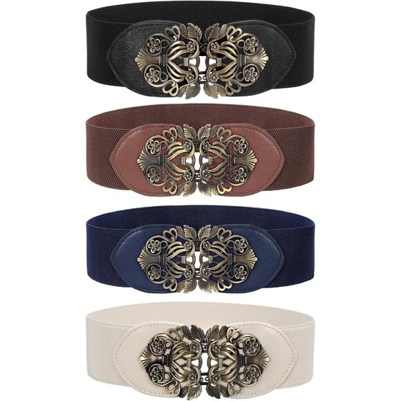 4 Pack Women Vintage Wide Waist Belts for Dress Elastic Cinch Belt with Retro I
